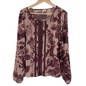 Frenchi Womens XL Plum Floral Sheer Chiffon Lace Trim Pintuck Boho Blouse Top
